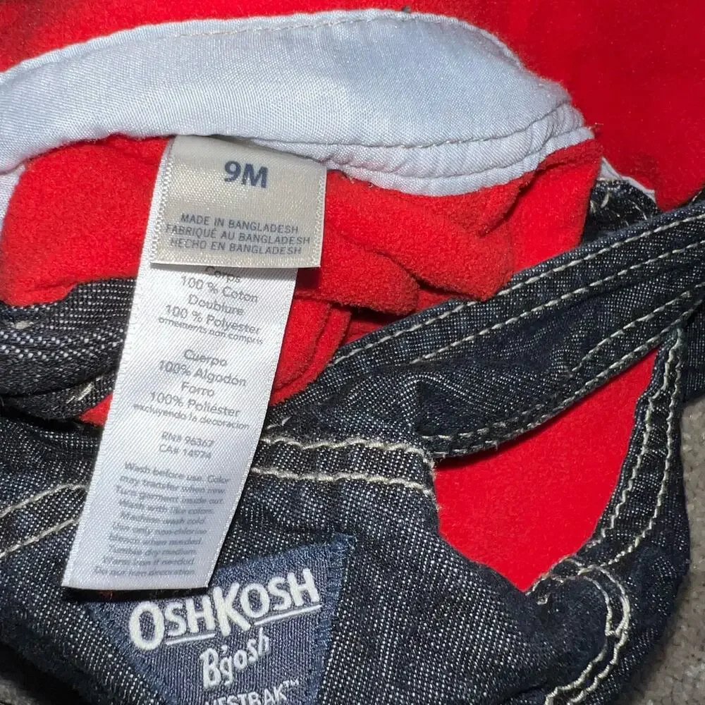 Oshkosh B'gosh 9M dark washed denim red fleece lined Blue carpenter Overalls
